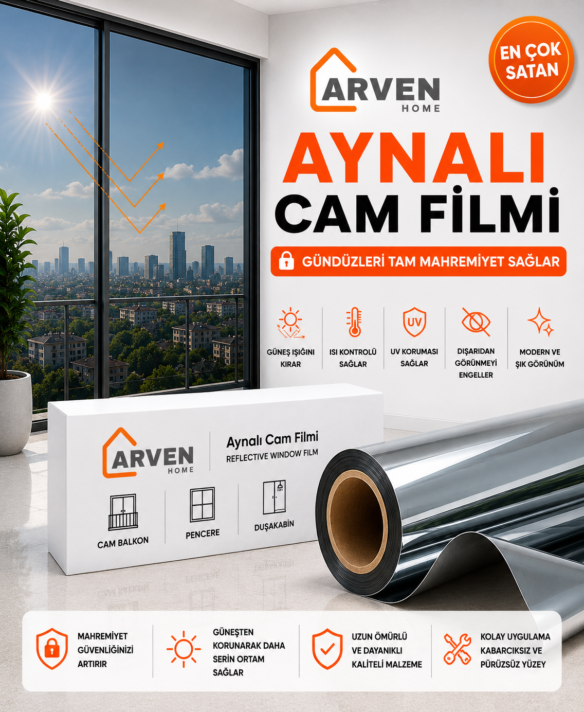 Arven Home® Aynalı Cam Filmi