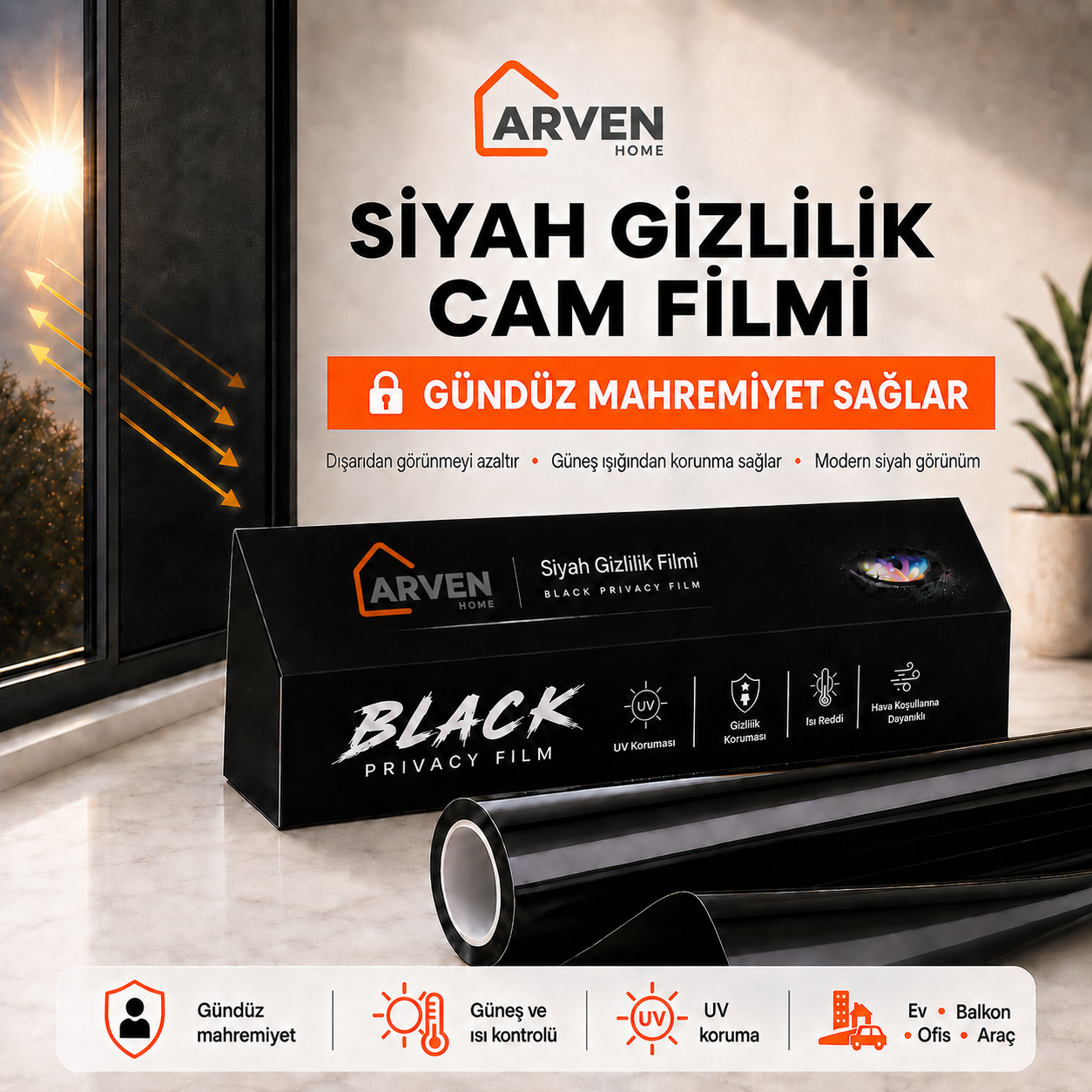 Arven Home Siyah Gizlilik Cam Filmi