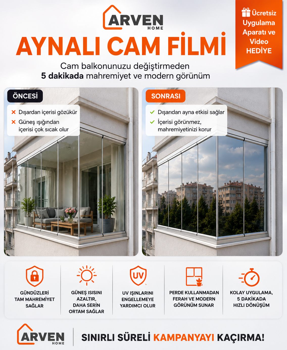 Arven Home® Aynalı Cam Filmi