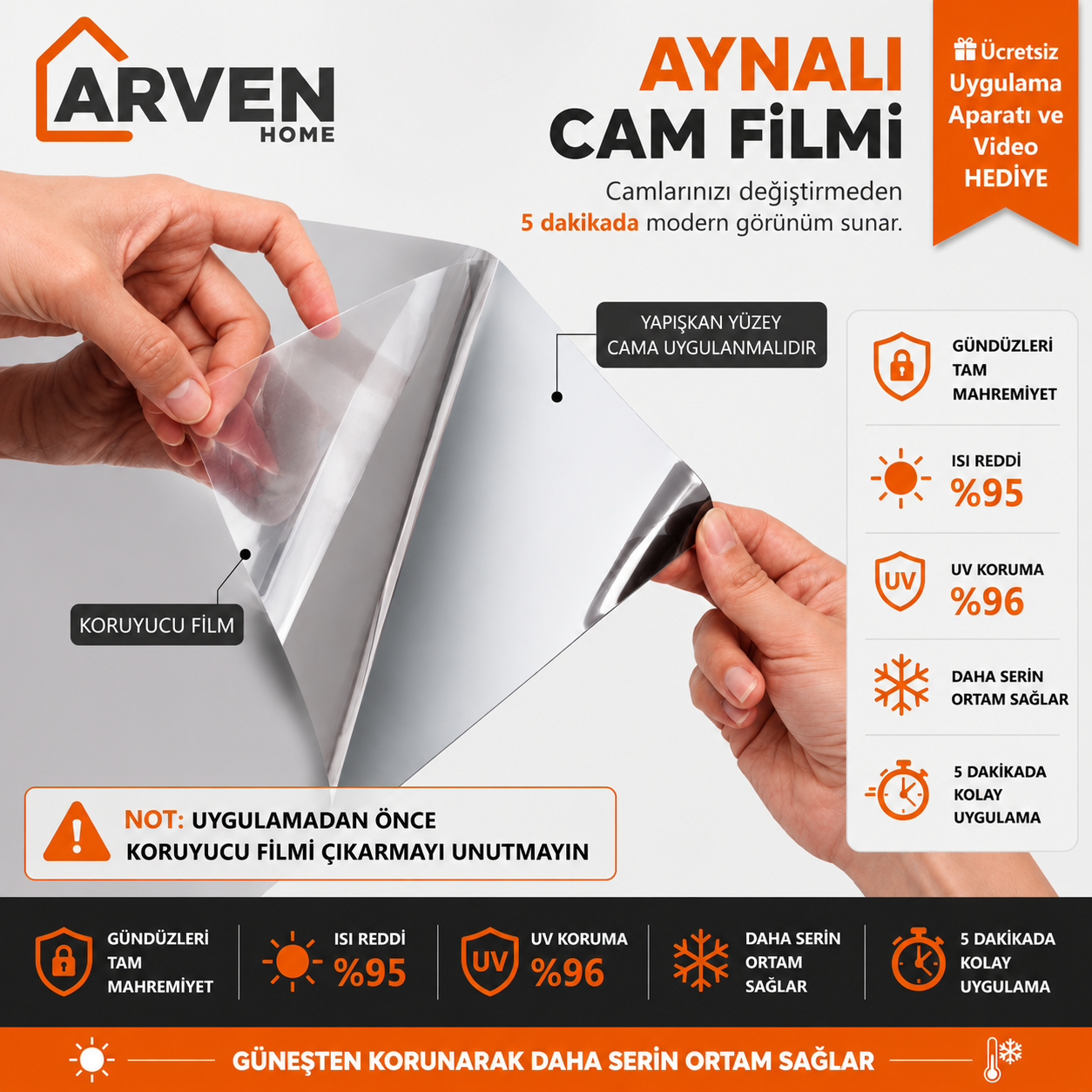 Arven Home® Aynalı Cam Filmi