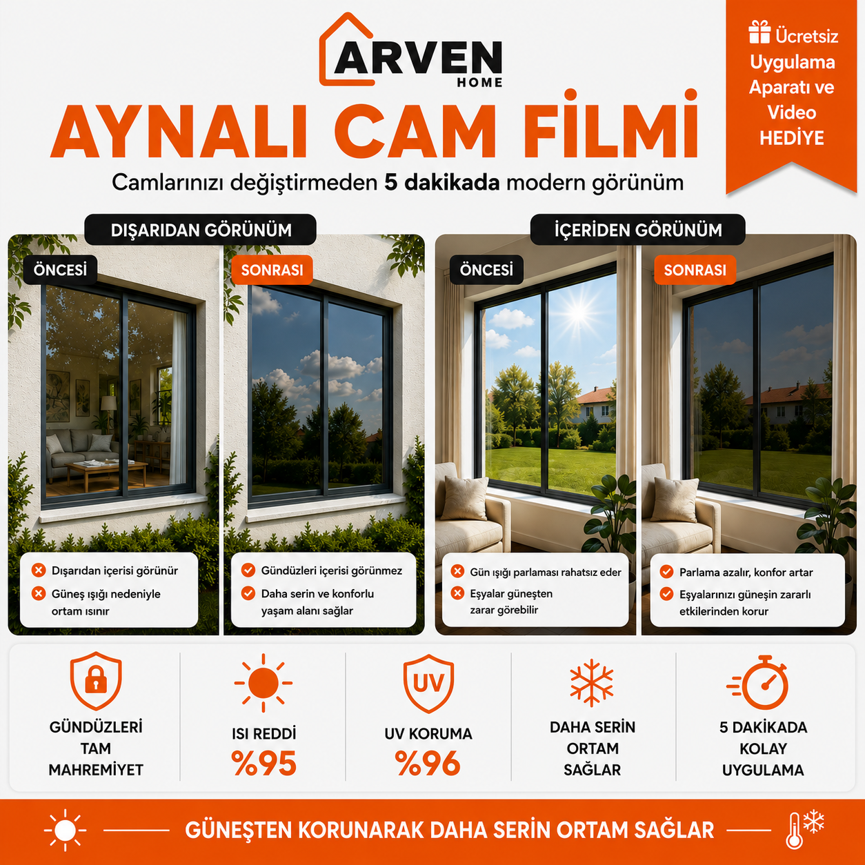 Arven Home® Aynalı Cam Filmi
